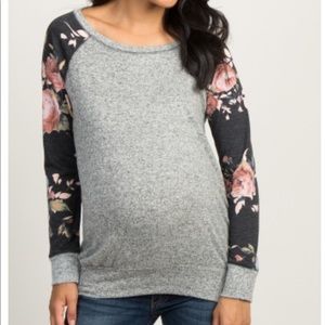 Maternity Grey Floral Colorblock Soft Knit Top